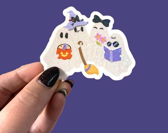Ghost friends halloween sticker, holographic waterproof sticker for laptop or water bottle