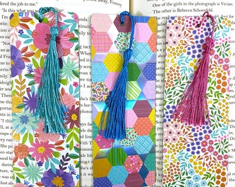 Pretty bookmarks for women with tassels, colorful floral bookmarks, cute summer bookmark, quilted bookmark