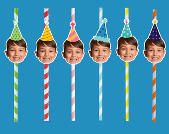 Personalized rainbow birthday hat paper straws, custom birthday decorations, face party straws