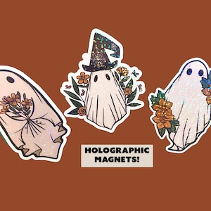 Holographic ghost magnets, vintage ghost magnet, cute halloween magnets, fridge magnets