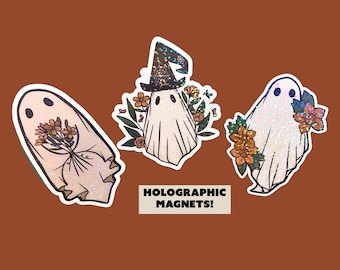 Holographic ghost magnets, vintage ghost magnet, cute halloween magnets, fridge magnets