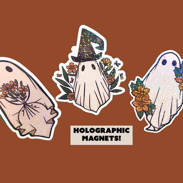 Holographic ghost magnets, vintage ghost magnet, cute halloween magnets, fridge magnets