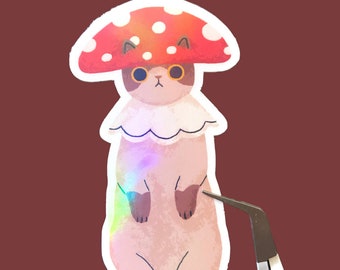 Holographic mushroom cat sticker, cute cat sticker, cottagecore stickers, waterproof sticker for laptop or water bottle, mushrooms stickers