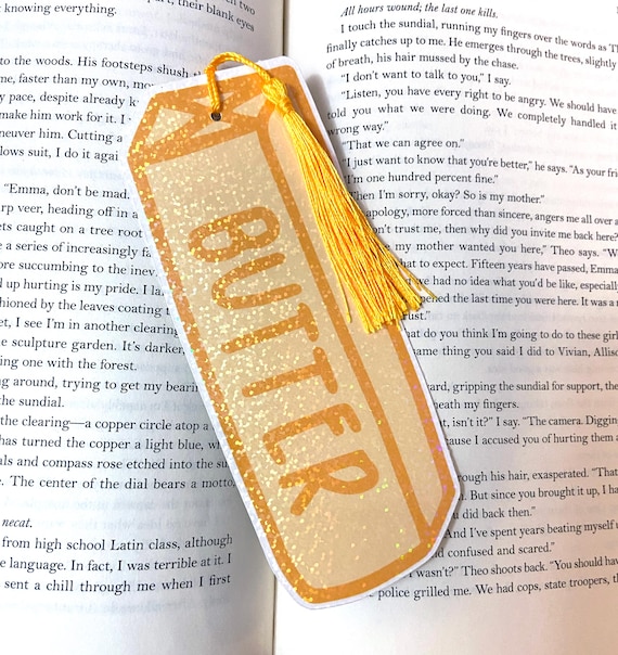 Holographic butter bookmark, funny food bookmark with tassel, kids bookmarks, bookmark for her or him, sparkly bookmark