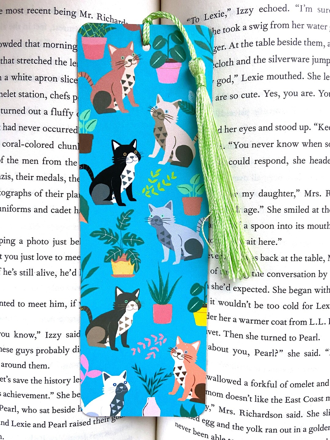 Cute Cat Bookmark, Cat and Plant Bookmark, Bookmarks With Tassel, Cat