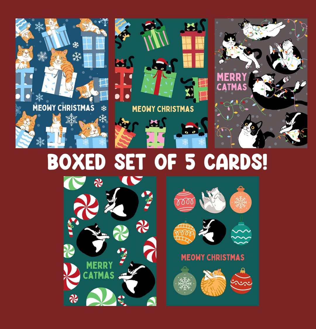 Set of 5 CAT Christmas Cards Funny Cat Christmas Cards Boxed - Etsy