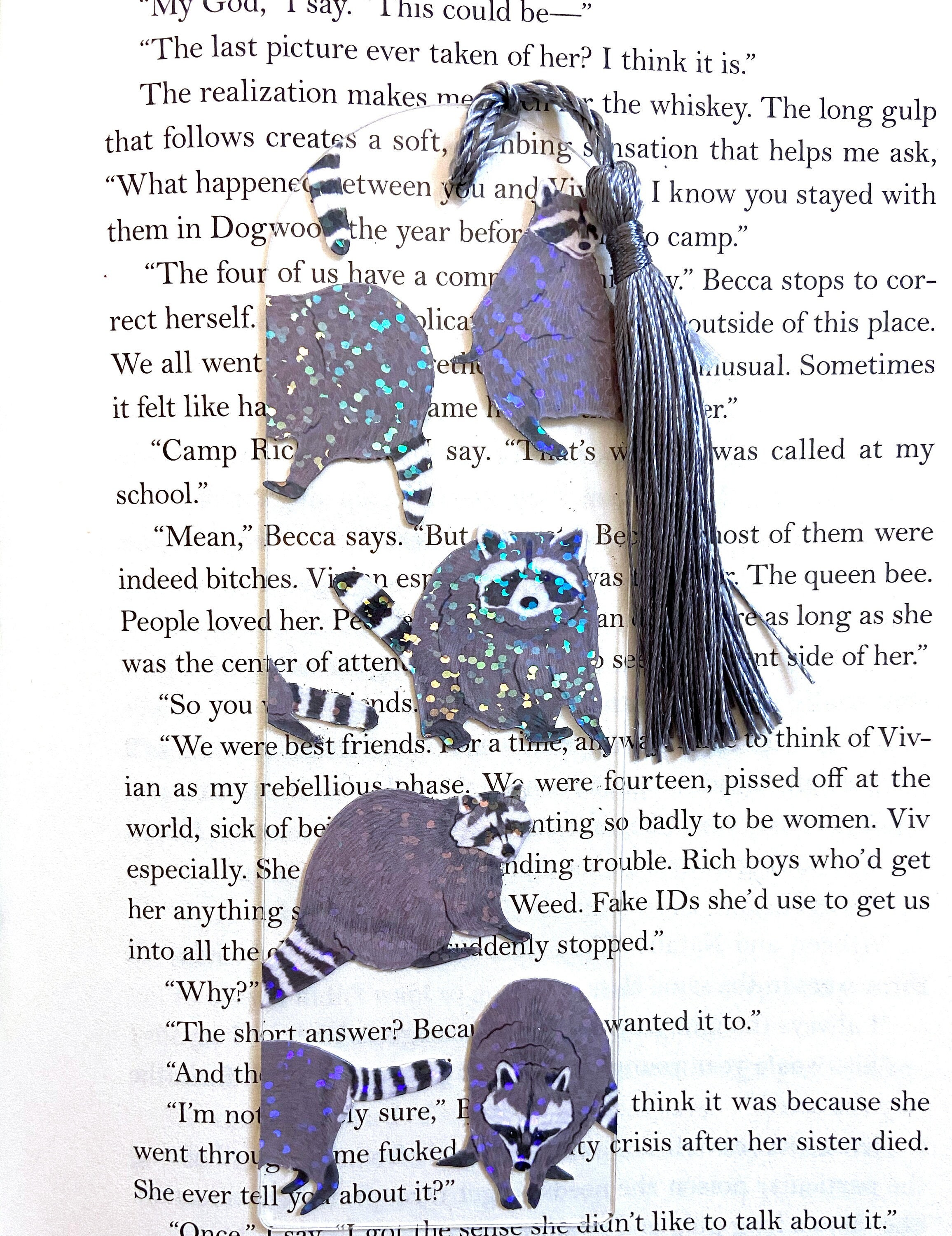 Acrylic raccoon bookmark, sparkly holographic bookmark with tassel, girly funny cute kids bookmark, funny bookmarks for women