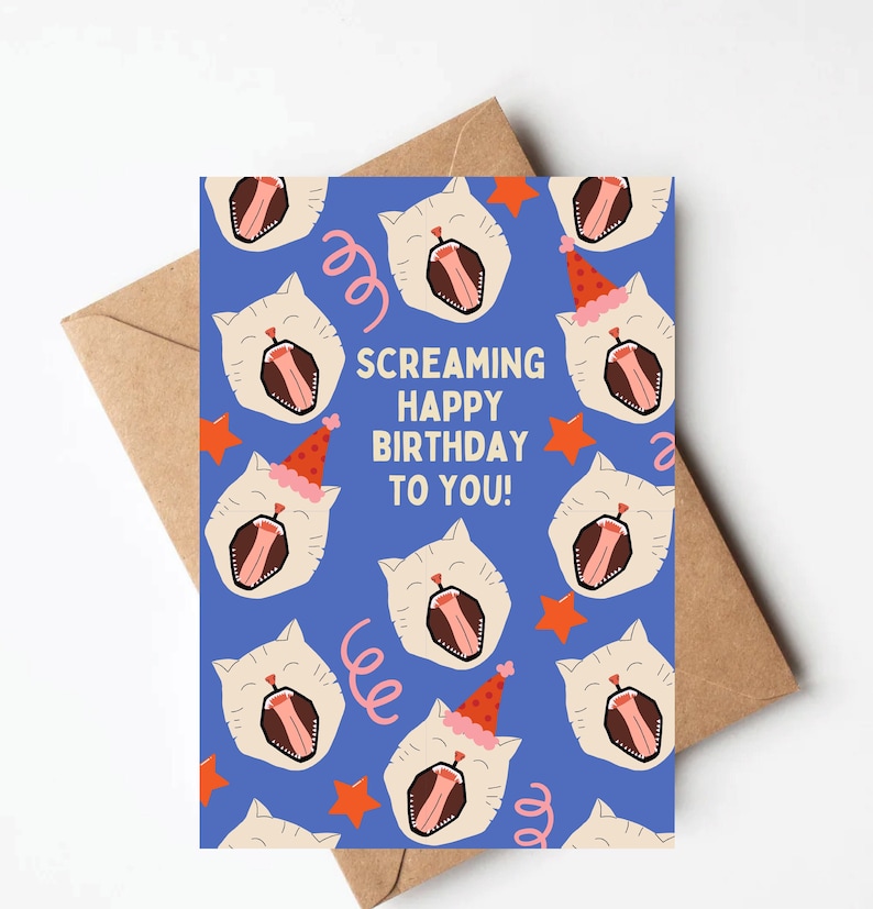 Funny screaming cat birthday card, cat lover gift, birthday card for her or him, unique birthday card image 1