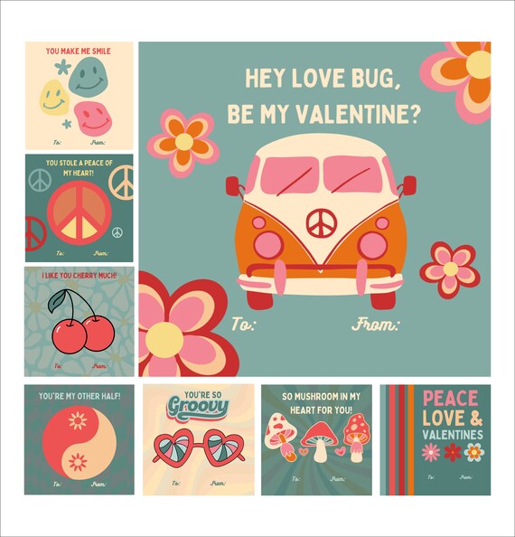 Retro valentines for kids, groovy valentines for classroom, mini kids  valentine cards, retro groovy valentines