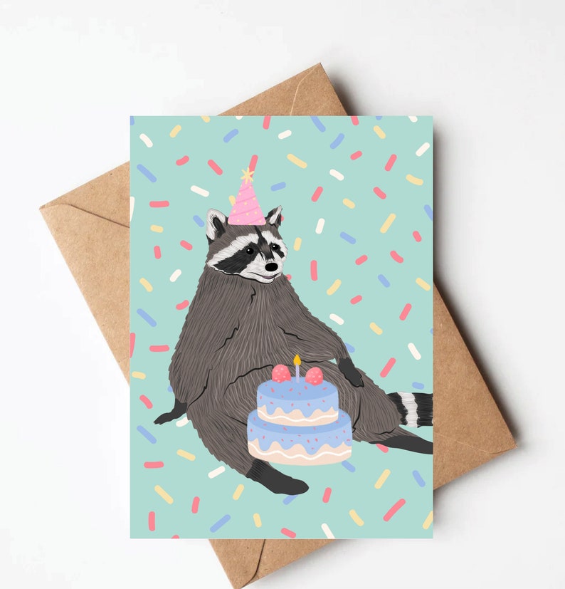 Funny Raccoon eating cake birthday card, trash panda birthday card, funny birthday card for friend image 1