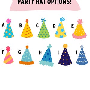 May include: Colorful party hat options are displayed, each with a unique design. The hats are cone-shaped, with various patterns like polka dots, stars, and stripes. The text "PARTY HAT OPTIONS!" is at the top.