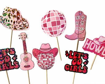 Disco cowgirl cupcake toppers, cowgirl birthday decorations, lets go girls decor, Nash bash decorations, sparkly cupcake toppers