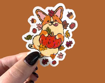 Fall corgi in the leave sticker, pumpkin dog waterproof sticker for laptop or water bottle