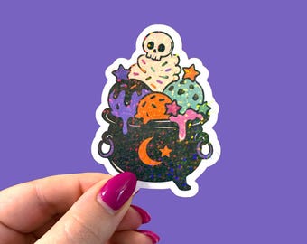 Holographic cauldron ice cream sticker, Halloween waterproof sticker for laptop or water bottle