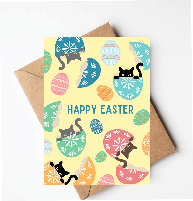 Cat Easter card, cute Easter card for cat lover, unique easter cards, funny cat Easter egg card image 1