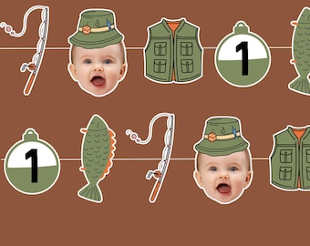 Gone fishing birthday garland, personalized face first birthday banner bunting, fisherman birthday decorations