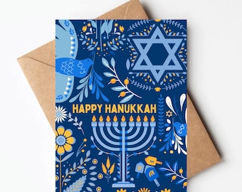 Pretty floral Hanukkah card, Happy holidays unique gift for Hanukkah, holiday card for friend