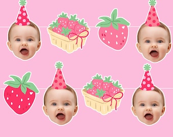 Strawberry birthday garland, personalized face birthday banner bunting, berry sweet birthday decorations