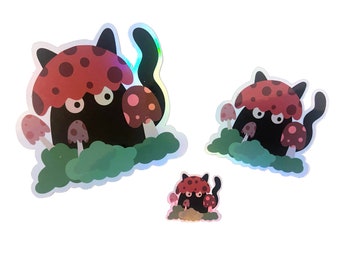Mushroom cat sticker, holographic cat stickers, cute mushroom sticker, unique stickers for laptop or water bottle, waterproof stickers