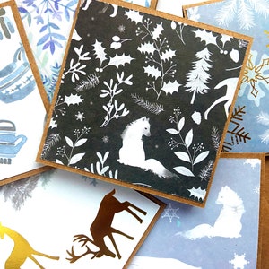 Mini Christmas cards with envelopes, 3x3 Christmas cards, gold foil Christmas cards, deer Christmas cards, forest animal Christmas cards