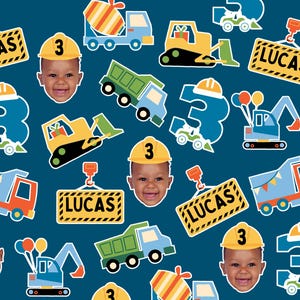 May include: A repeating pattern on a dark blue background features construction vehicles, the number 3, and a smiling child wearing a yellow hard hat. The name "LUCAS" is displayed on yellow construction signs.