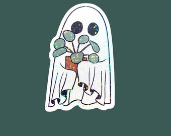 Pegatina de fantasma de planta de interior, pegatina holográfica de fantasma, pegatina impermeable para portátil o botella de agua, pegatina de Halloween