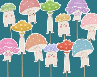 May include: A collection of whimsical mushroom cutouts in various colors, including pink, red, yellow, green, and blue. Each mushroom has a smiling face and is attached to a wooden stick. The background is a teal color.