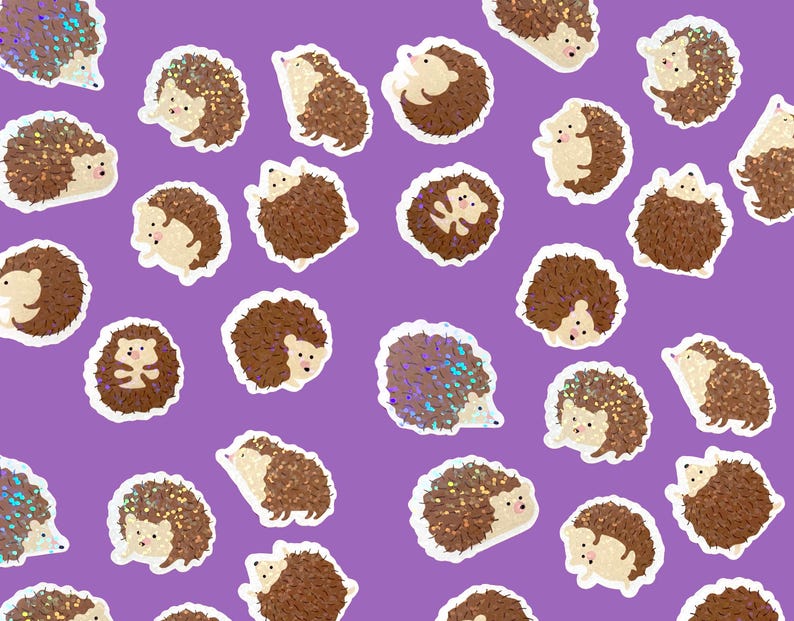 May include: A sheet of purple paper with multiple stickers of brown hedgehogs with white outlines. Some of the hedgehogs have iridescent glitter.
