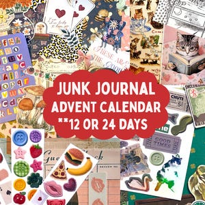 Puede incluir: Un kit de calendario de adviento para junk journal con un collage de pegatinas, efímeros de papel y elementos decorativos que incluyen gatos, setas, cartas, comida, botones y motivos florales con el texto JUNK JOURNAL ADVENT CALENDAR.