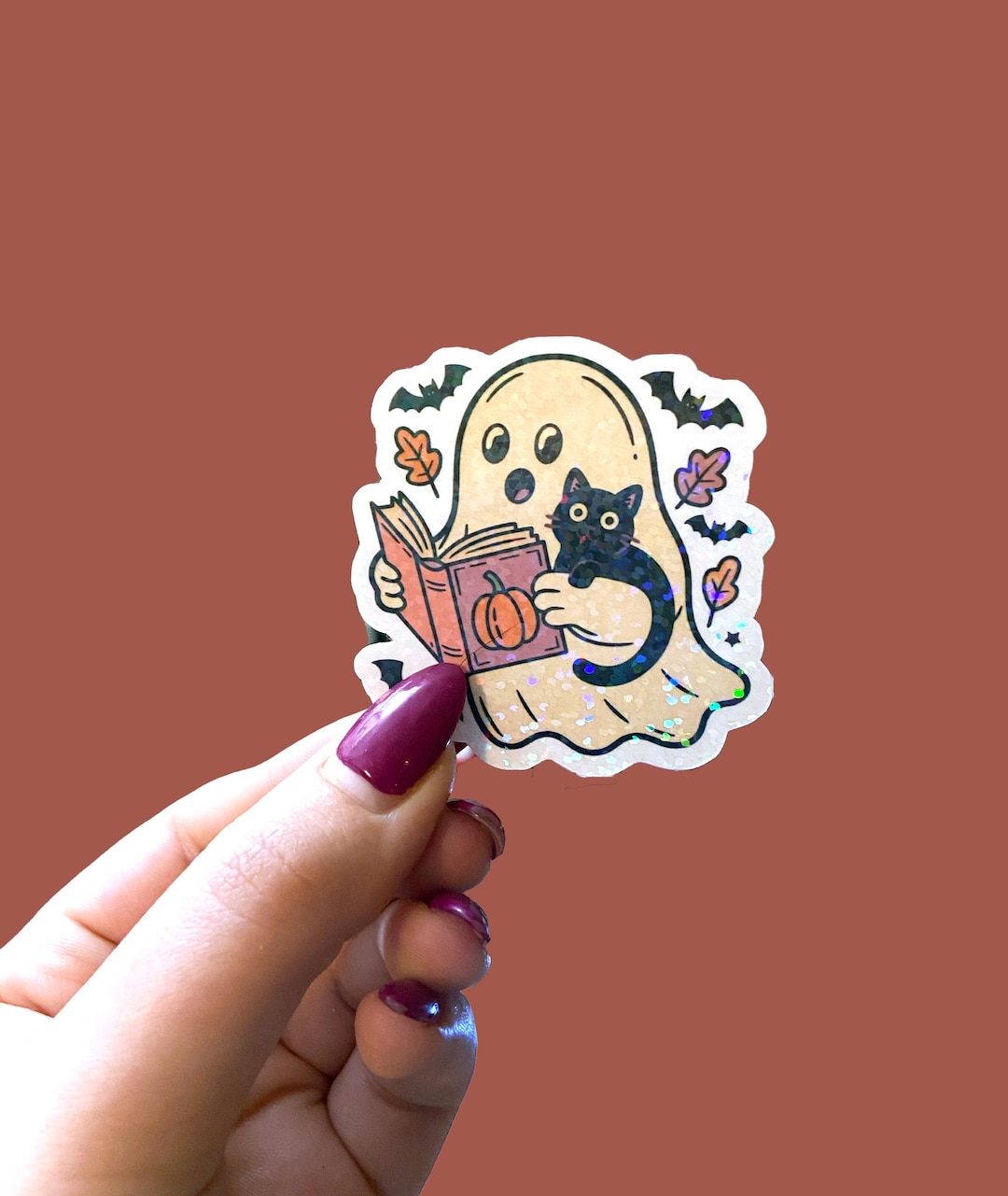 Reading Ghost With Black Cat Sticker, Holographic Ghost Book Sticker ...