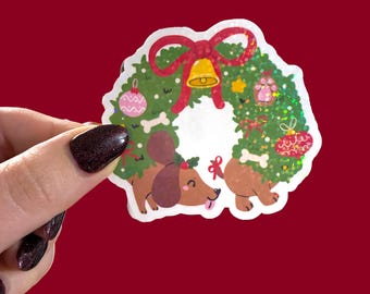 Weenie dog Christmas sticker, Dachshund waterproof sticker for laptop or water bottle