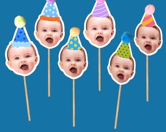 Personalized pom pom party hat birthday cupcake toppers, custom face birthday decorations, face cupcake toppers
