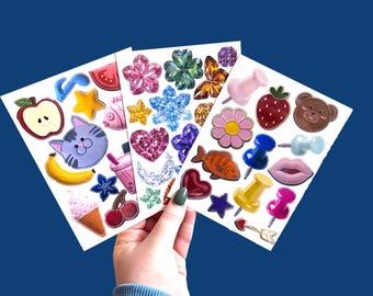 Colorful junk journal sticker sheets, scrapbook trinket stickers, mini space filler stickers for scrapbooking