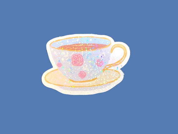 Pretty floral tea cup sticker, cute holographic coquette sticker, girly waterproof sticker for laptop or water bottle