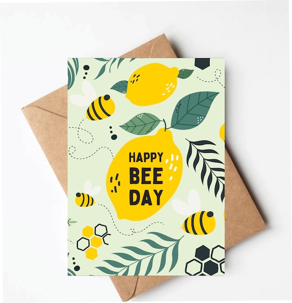Bee birthday card, happy bee day, bumblebee birthday card for her, lemon birthday card, pretty birthday card