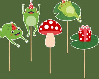 Personalized frog toadstool birthday cupcake toppers, mushroom frog toad birthday decorations