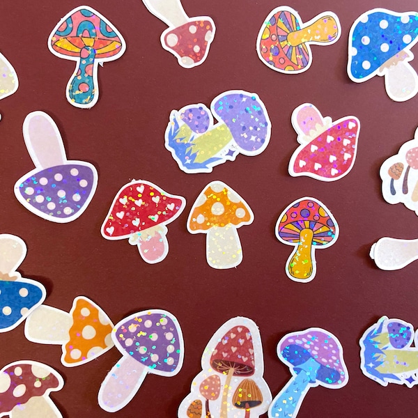 Mini holographic mushroom stickers, bulk mini stickers, cute mushroom stickers, space filler stickers for laptop or water bottle