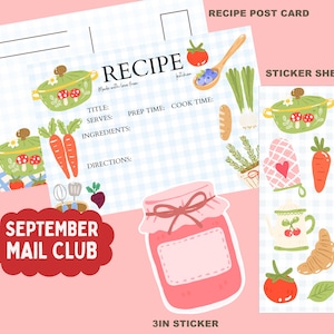 May include: A recipe postcard with a light blue gingham background, featuring illustrations of a green pot, carrots, and kitchen tools. Includes a pink jam jar sticker and a vertical sticker sheet with a green pot, oven mitt, and food items.
