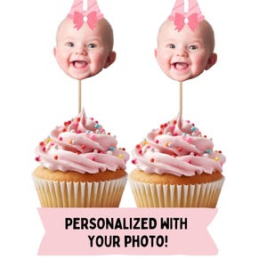 Personalized pink bow birthday hat cupcake toppers, custom face cupcake toppers, baby face decorations, coquette bow first birthday