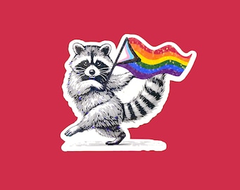 Pegatina con la bandera del orgullo del mapache, pegatina divertida LGBTQ+ para mamás de gatos, pegatina impermeable para portátil o botella de agua.
