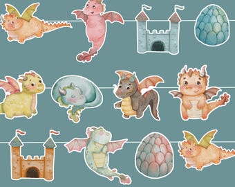 May include: A collection of watercolor illustrations featuring various dragons, castles, and dragon eggs. The dragons are in shades of orange, pink, yellow, and brown, with detailed wings and playful expressions. The background is a solid teal color.