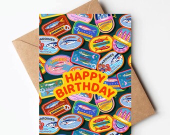 Retro sardine birthday card, funny tinned fish birthday card