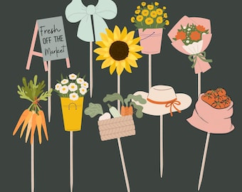 Fresh off the Market bridal shower cupcake toppers, farmers market bachelorette party bridal shower decorations