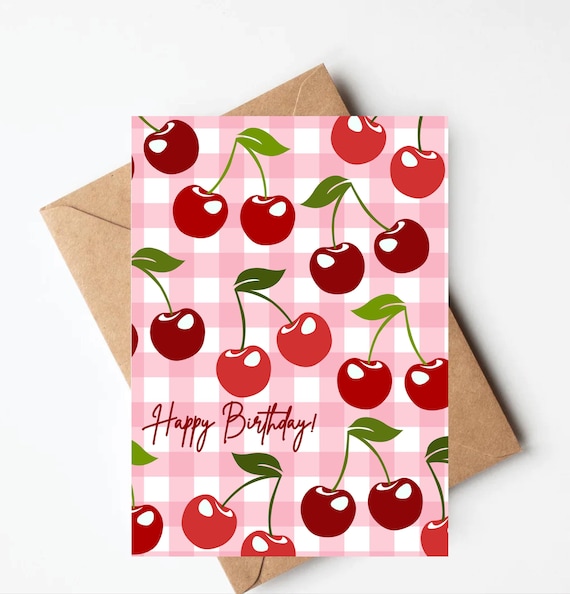 Cherry birthday card, unique birthday card, birthday card for her, cute birthday card, fruit birthday card