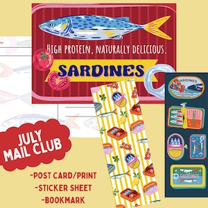 May include: A stationery set featuring a postcard with a sardine illustration and the text "HIGH PROTEIN, NATURALLY DELICIOUS. SARDINES," a yellow and white striped bookmark with sardine tin motifs, and a sticker sheet with various sardine tin designs.