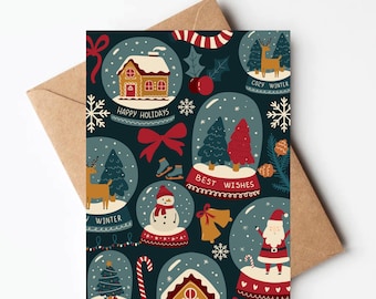 May include: A Christmas card with a blue background and a pattern of snow globes. The snow globes contain various winter scenes, including a gingerbread house, a snowman, a deer, a Christmas tree, and Santa Claus. The text "Happy Holidays", "Cozy Winter", "Best Wishes", and "Winter" are included in the design.