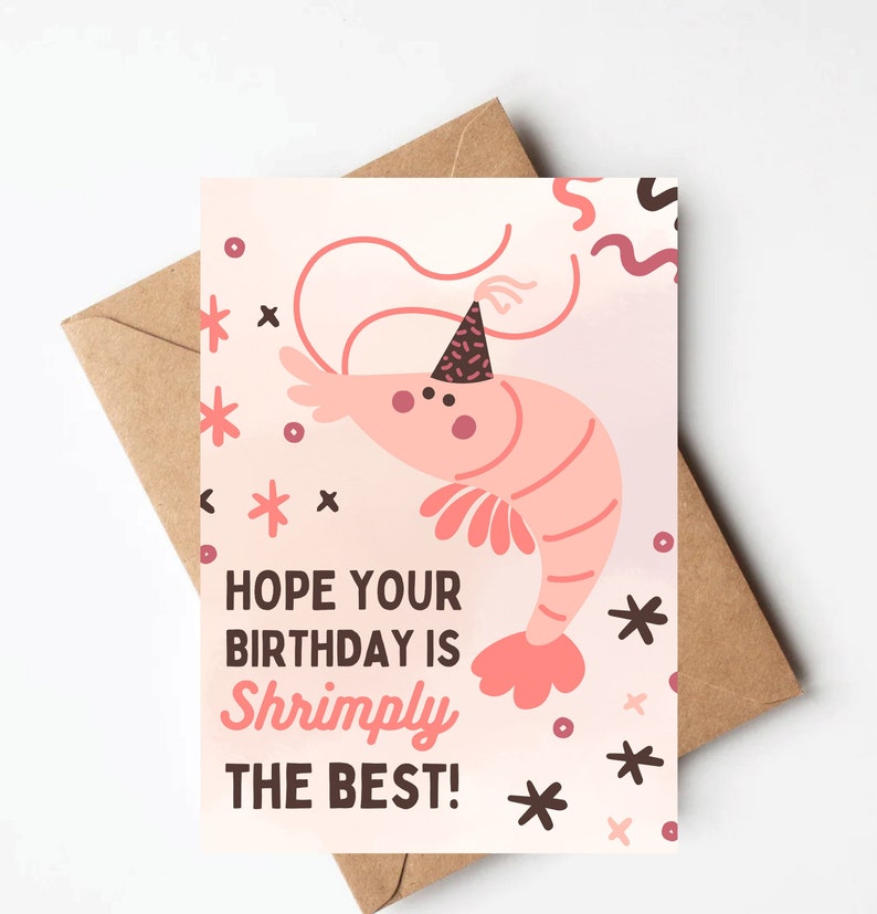 Cute shrimp birthday card, funny kids birthday card, unique birthday card, colorful birthday card image 1