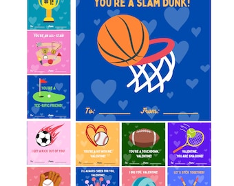 Sport themed valentines, set of funny sport pun valentines for classroom, mini kids valentines with envelopes, school classroom valentines