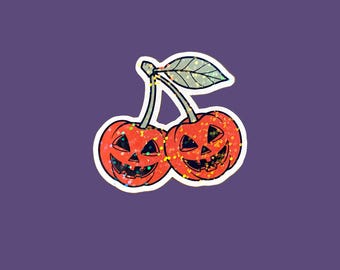 Pumpkin cherry sticker, spooky holographic halloween sticker, waterproof sticker for laptop or water bottle