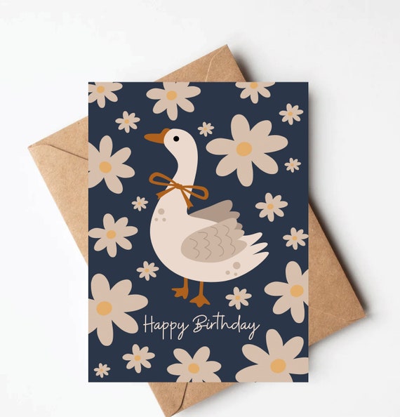 Cute floral goose birthday card, cottage core birthday card, unique birthday card, birthday card for friend, kids birthday card